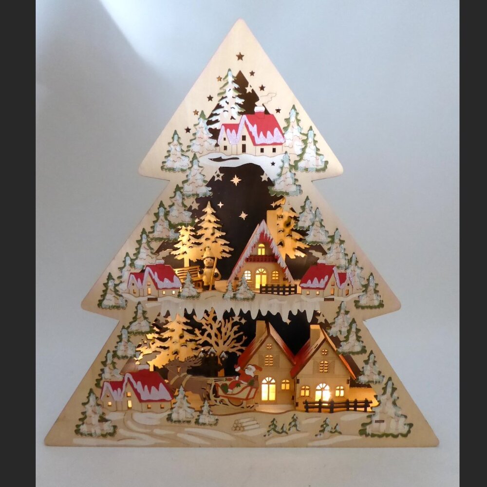 NEW 17” CHRISTMAS LED LIGHT UP LASER CUT WOOD SANTA CLAUS WINTER VILLAGE SCENE - Picture 1 of 16